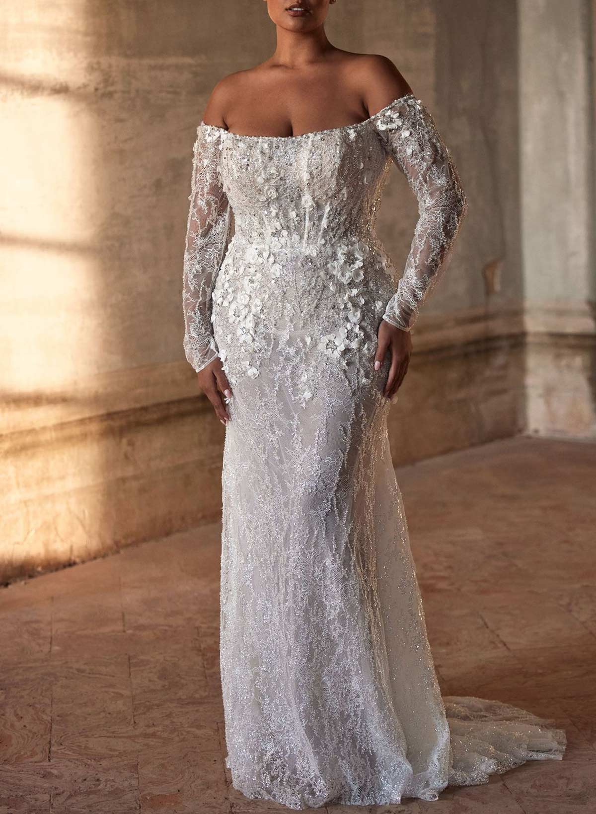 Sparkle & Shine Flower(s) Off-The-Shoulder Long Sleeves Mermaid Sweep Train Lace/Sequined Wedding Dresses, product image 2
