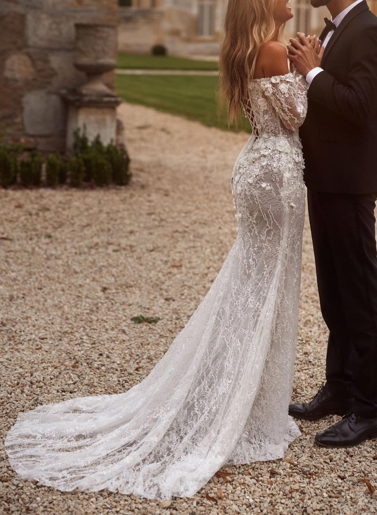 Sparkle & Shine Flower(s) Off-The-Shoulder Long Sleeves Mermaid Sweep Train Lace/Sequined Wedding Dresses, product image 6