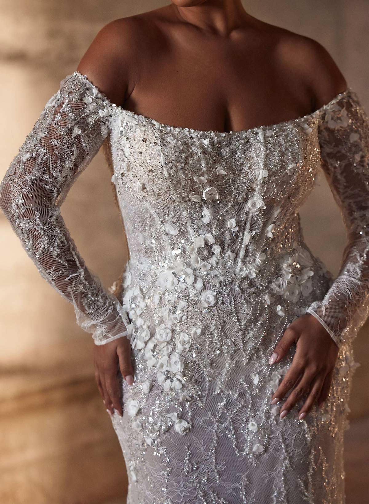 Sparkle & Shine Flower(s) Off-The-Shoulder Long Sleeves Mermaid Sweep Train Lace/Sequined Wedding Dresses, product image 3