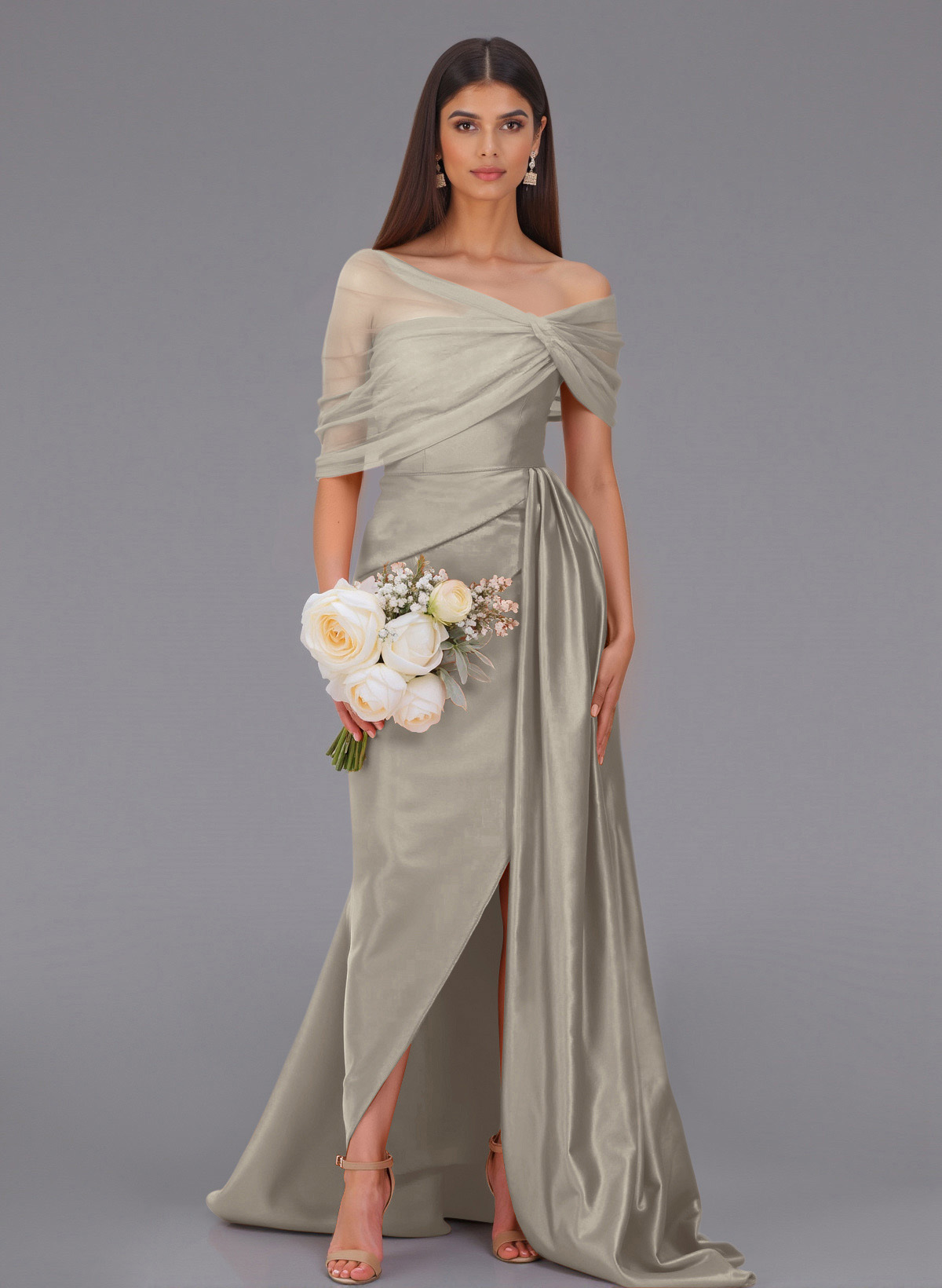 Elegant Tulle Asymmetrical Neckline Satin Bridesmaid Dresses With Split Front/Sweeping Side Drape, product image 15