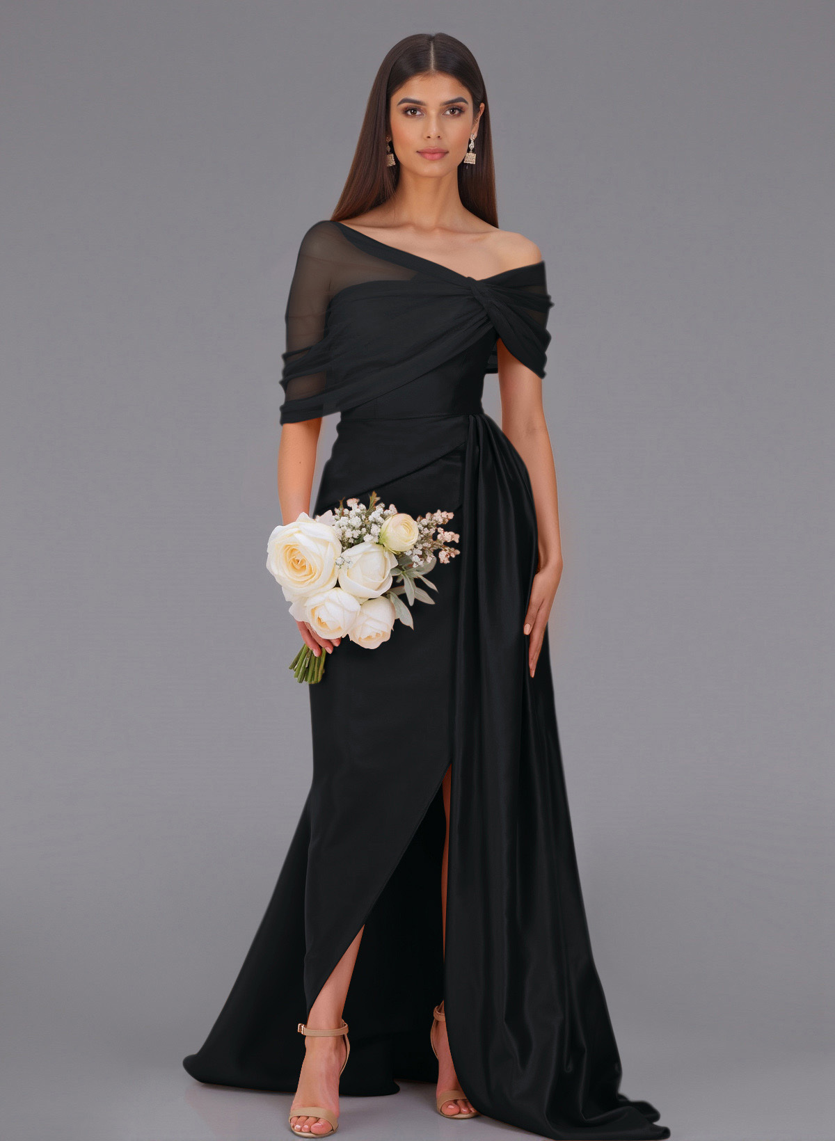 Elegant Tulle Asymmetrical Neckline Satin Bridesmaid Dresses With Split Front/Sweeping Side Drape, product image 23
