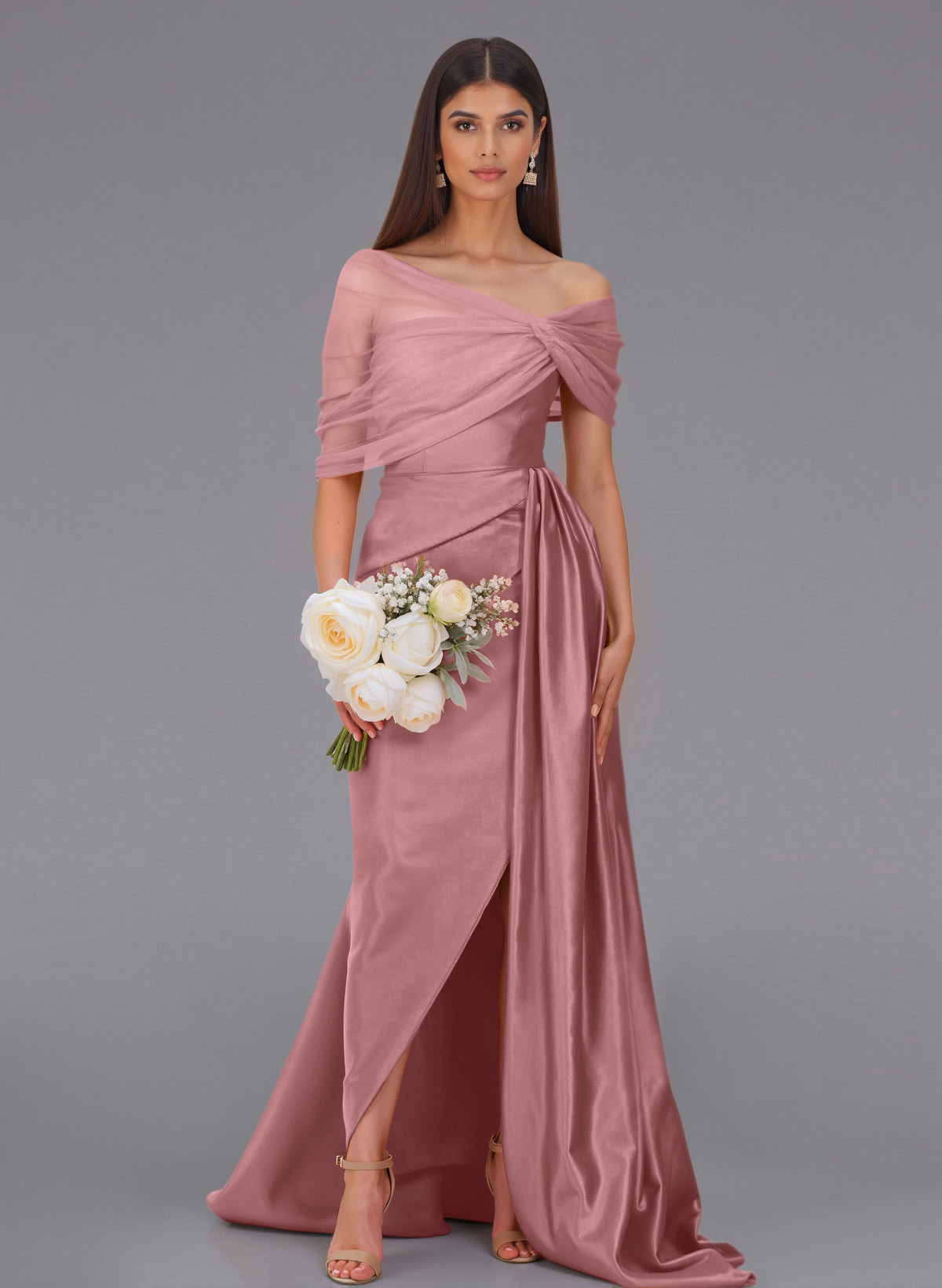 Elegant Tulle Asymmetrical Neckline Satin Bridesmaid Dresses With Split Front/Sweeping Side Drape, product image 93
