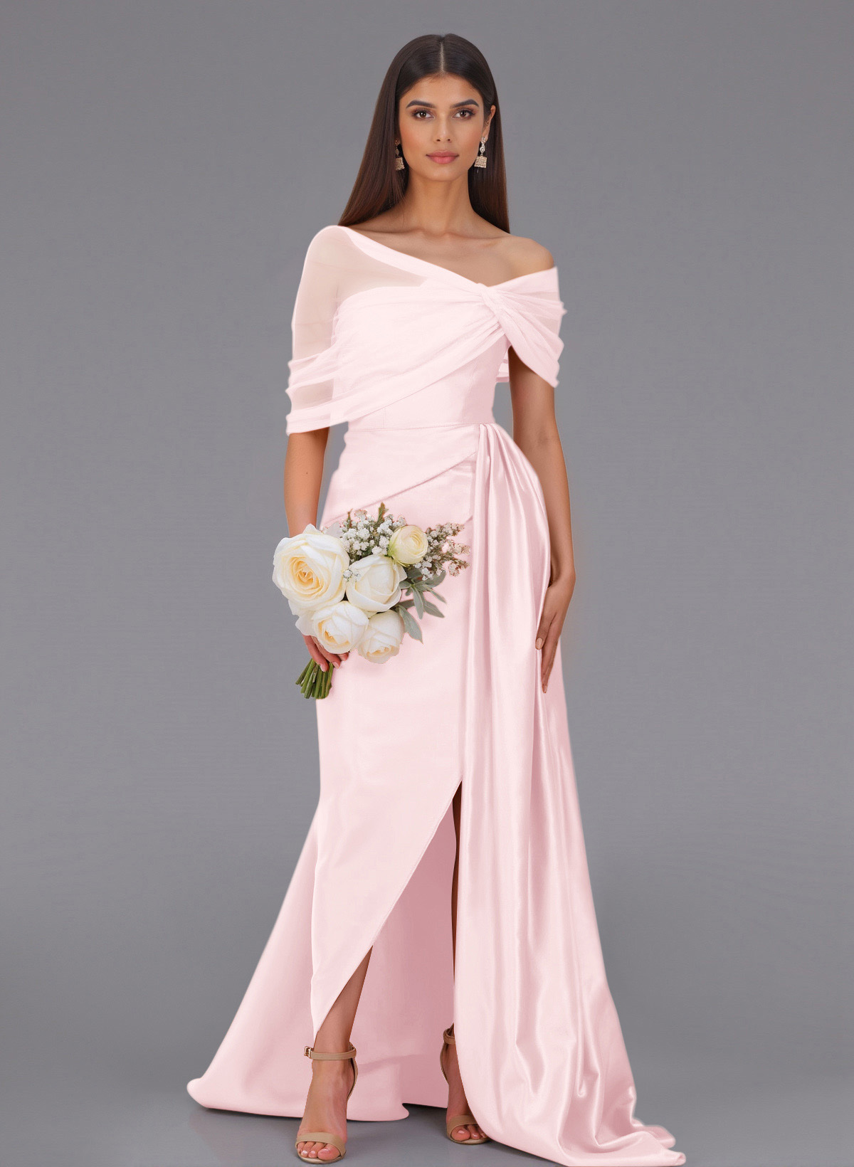 Elegant Tulle Asymmetrical Neckline Satin Bridesmaid Dresses With Split Front/Sweeping Side Drape, product image 87