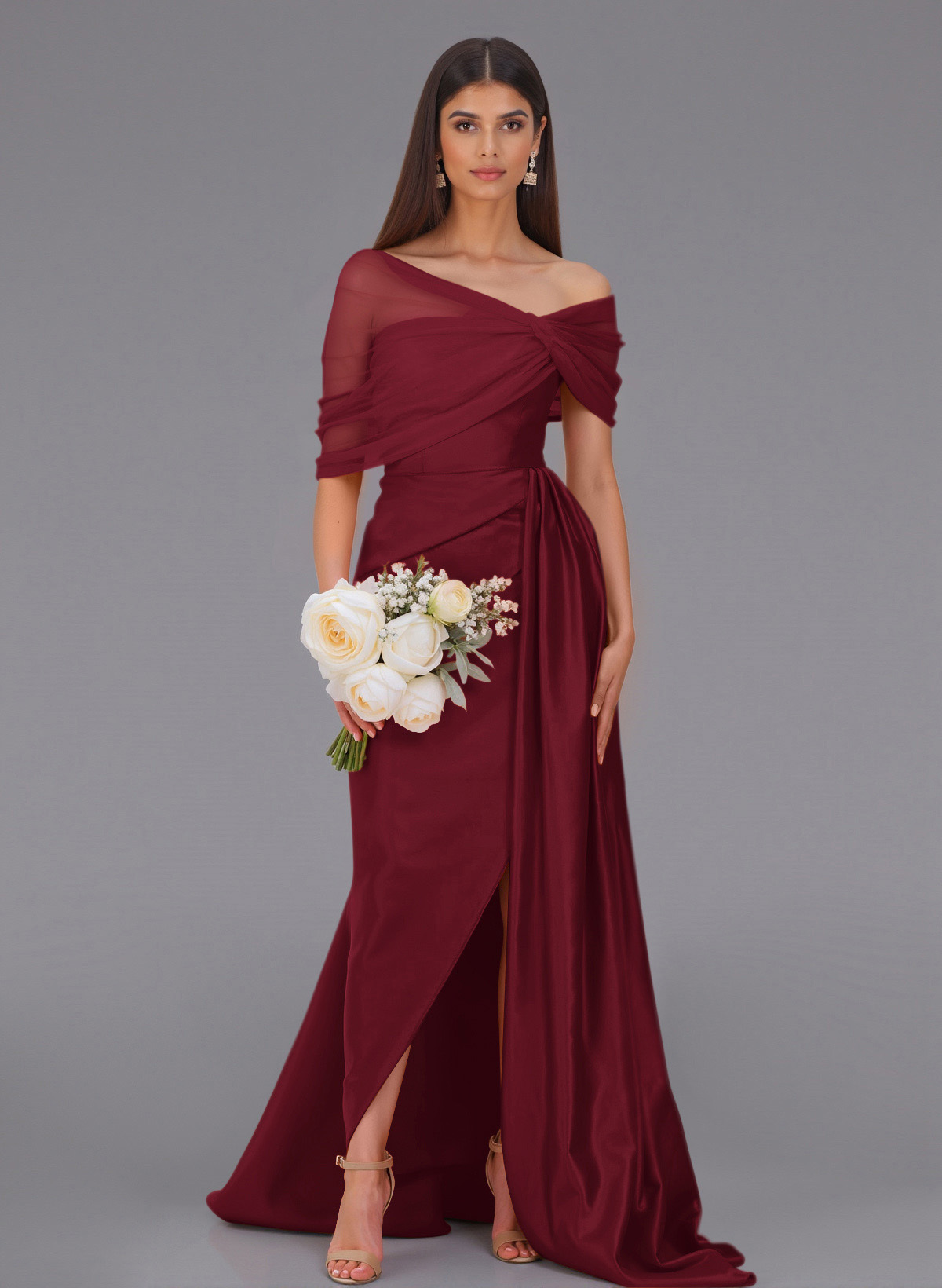 Elegant Tulle Asymmetrical Neckline Satin Bridesmaid Dresses With Split Front/Sweeping Side Drape, product image 109