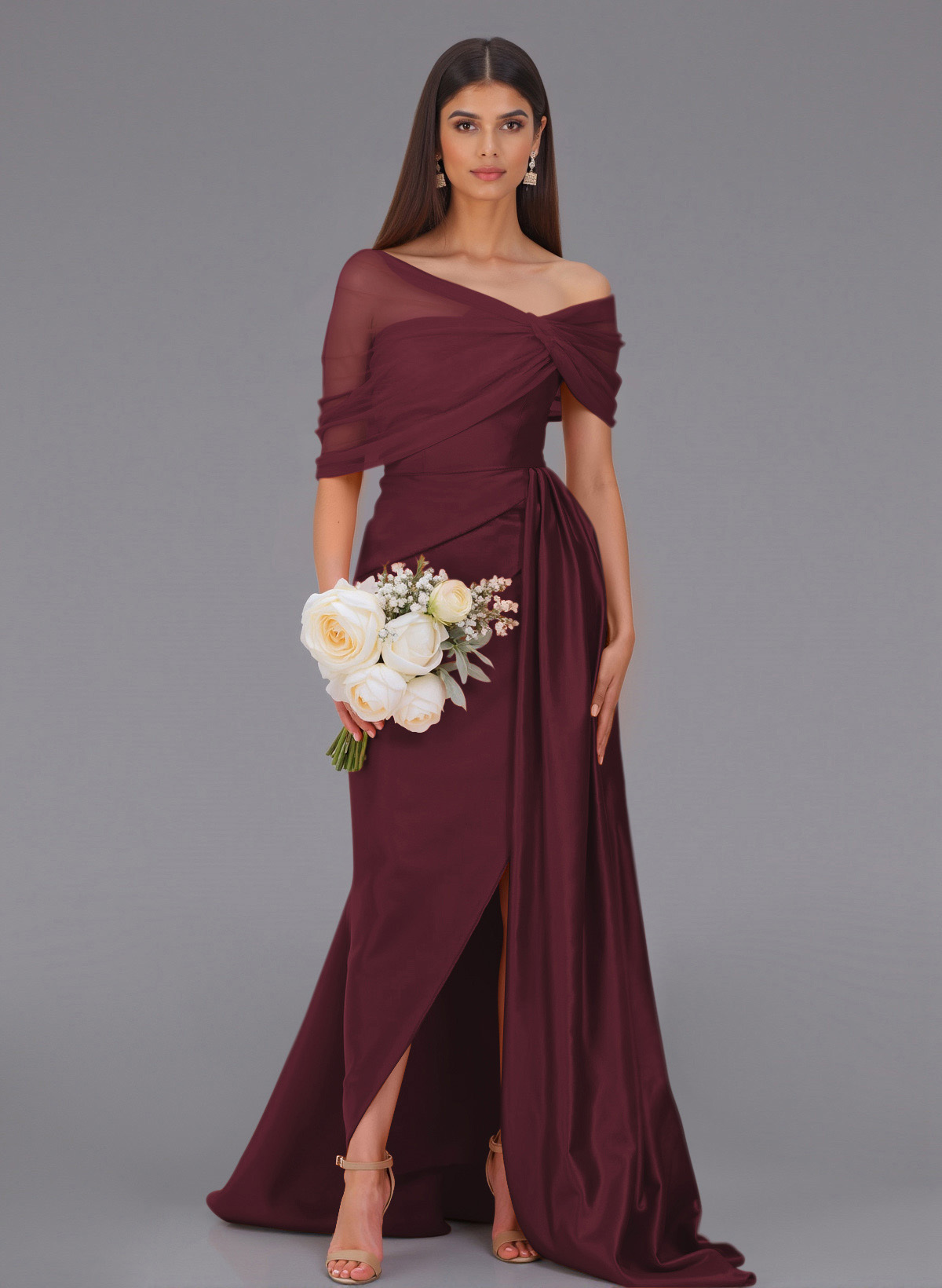 Elegant Tulle Asymmetrical Neckline Satin Bridesmaid Dresses With Split Front/Sweeping Side Drape, product image 111