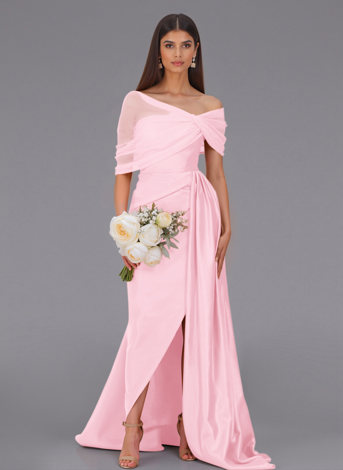Elegant Tulle Asymmetrical Neckline Satin Bridesmaid Dresses With Split Front/Sweeping Side Drape, product image 85