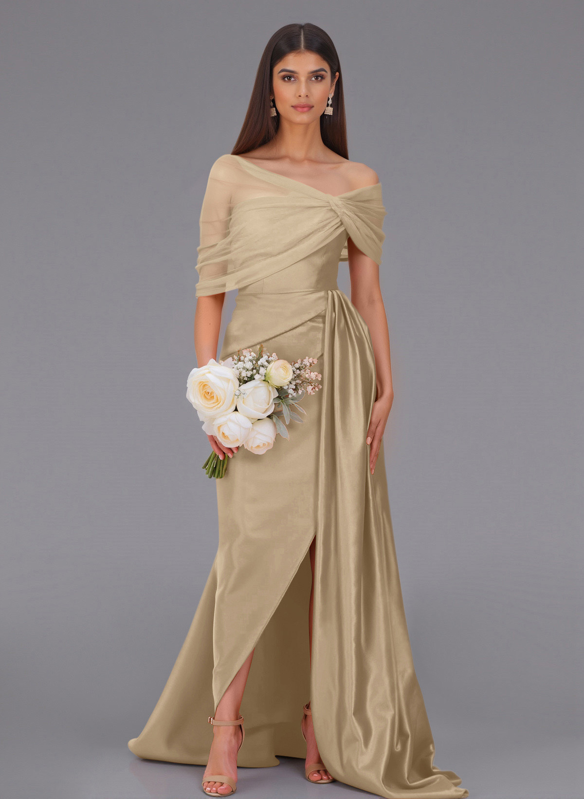 Elegant Tulle Asymmetrical Neckline Satin Bridesmaid Dresses With Split Front/Sweeping Side Drape, product image 45