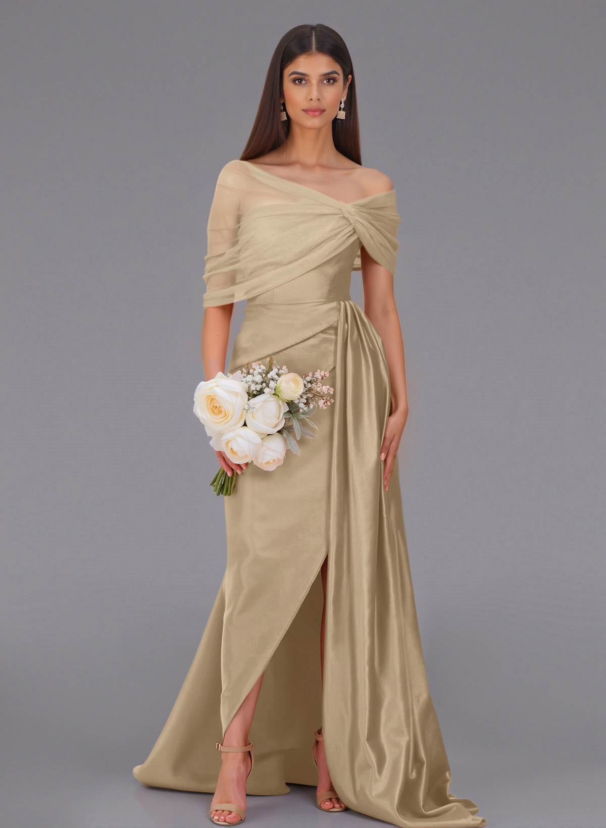 Elegant Tulle Asymmetrical Neckline Satin Bridesmaid Dresses With Split Front/Sweeping Side Drape, product image 45