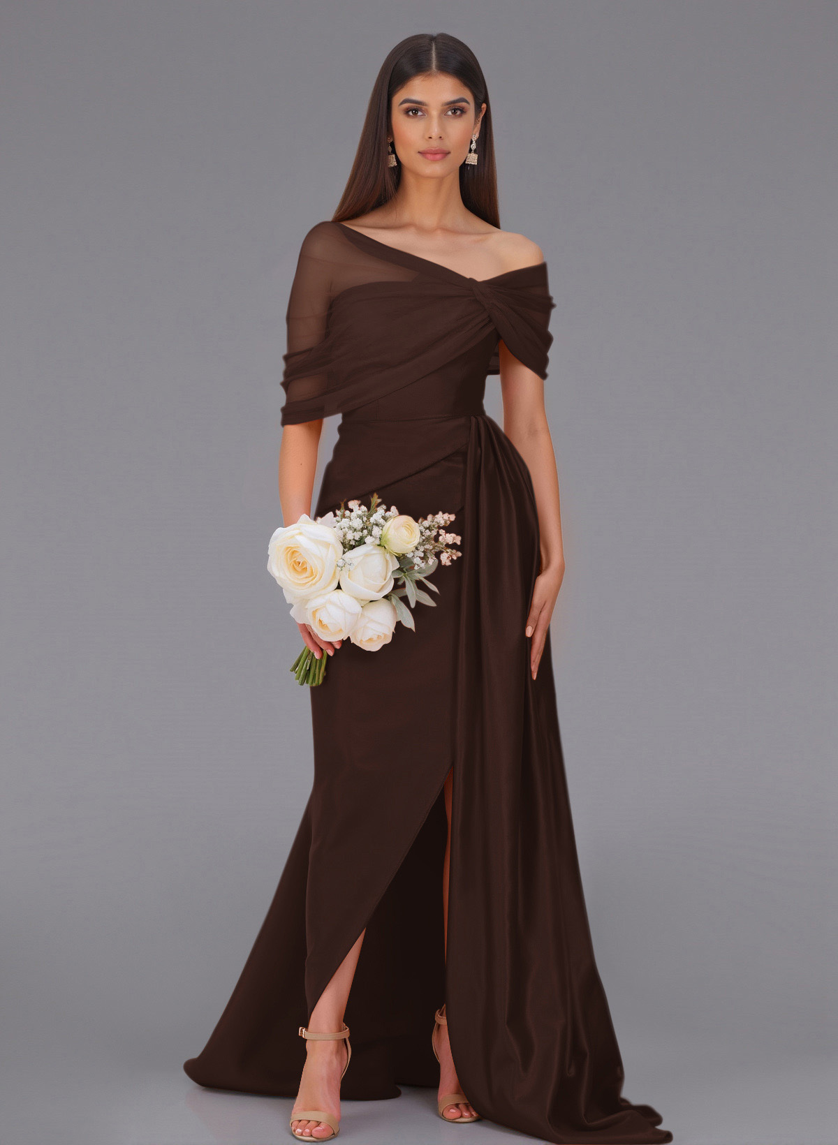 Elegant Tulle Asymmetrical Neckline Satin Bridesmaid Dresses With Split Front/Sweeping Side Drape, product image 33