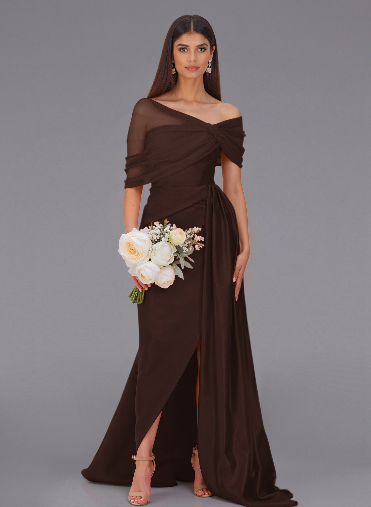 Elegant Tulle Asymmetrical Neckline Satin Bridesmaid Dresses With Split Front/Sweeping Side Drape, product image 33