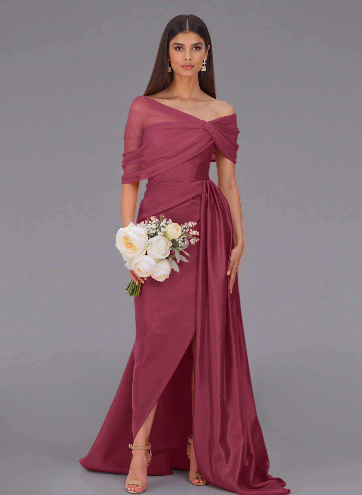 Elegant Tulle Asymmetrical Neckline Satin Bridesmaid Dresses With Split Front/Sweeping Side Drape, product image 107
