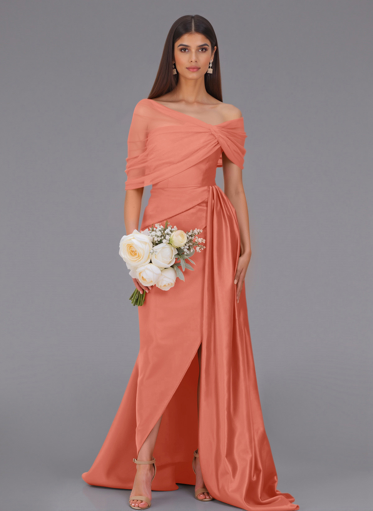 Elegant Tulle Asymmetrical Neckline Satin Bridesmaid Dresses With Split Front/Sweeping Side Drape, product image 89
