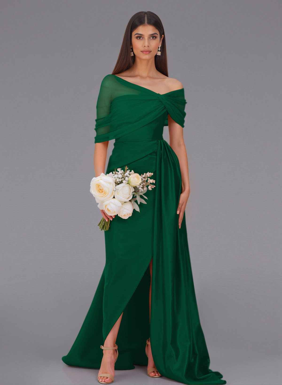 Elegant Tulle Asymmetrical Neckline Satin Bridesmaid Dresses With Split Front/Sweeping Side Drape, product image 61