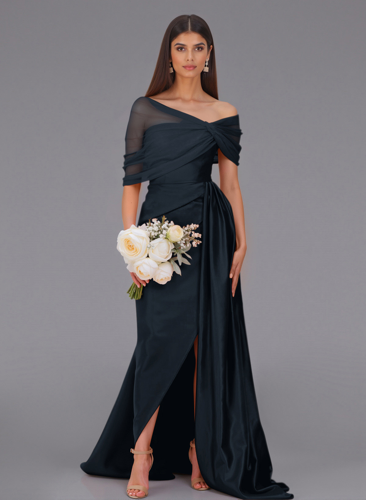 Elegant Tulle Asymmetrical Neckline Satin Bridesmaid Dresses With Split Front/Sweeping Side Drape, product image 135
