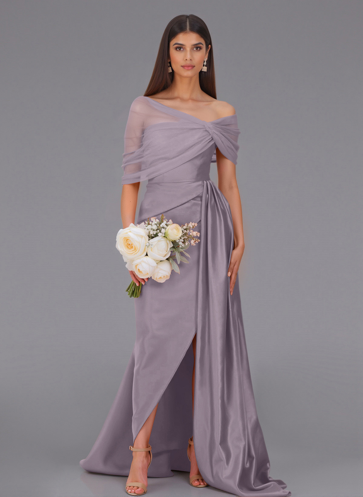 Elegant Tulle Asymmetrical Neckline Satin Bridesmaid Dresses With Split Front/Sweeping Side Drape, product image 83