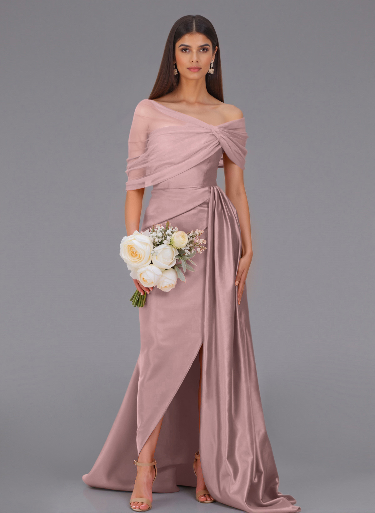 Elegant Tulle Asymmetrical Neckline Satin Bridesmaid Dresses With Split Front/Sweeping Side Drape, product image 97