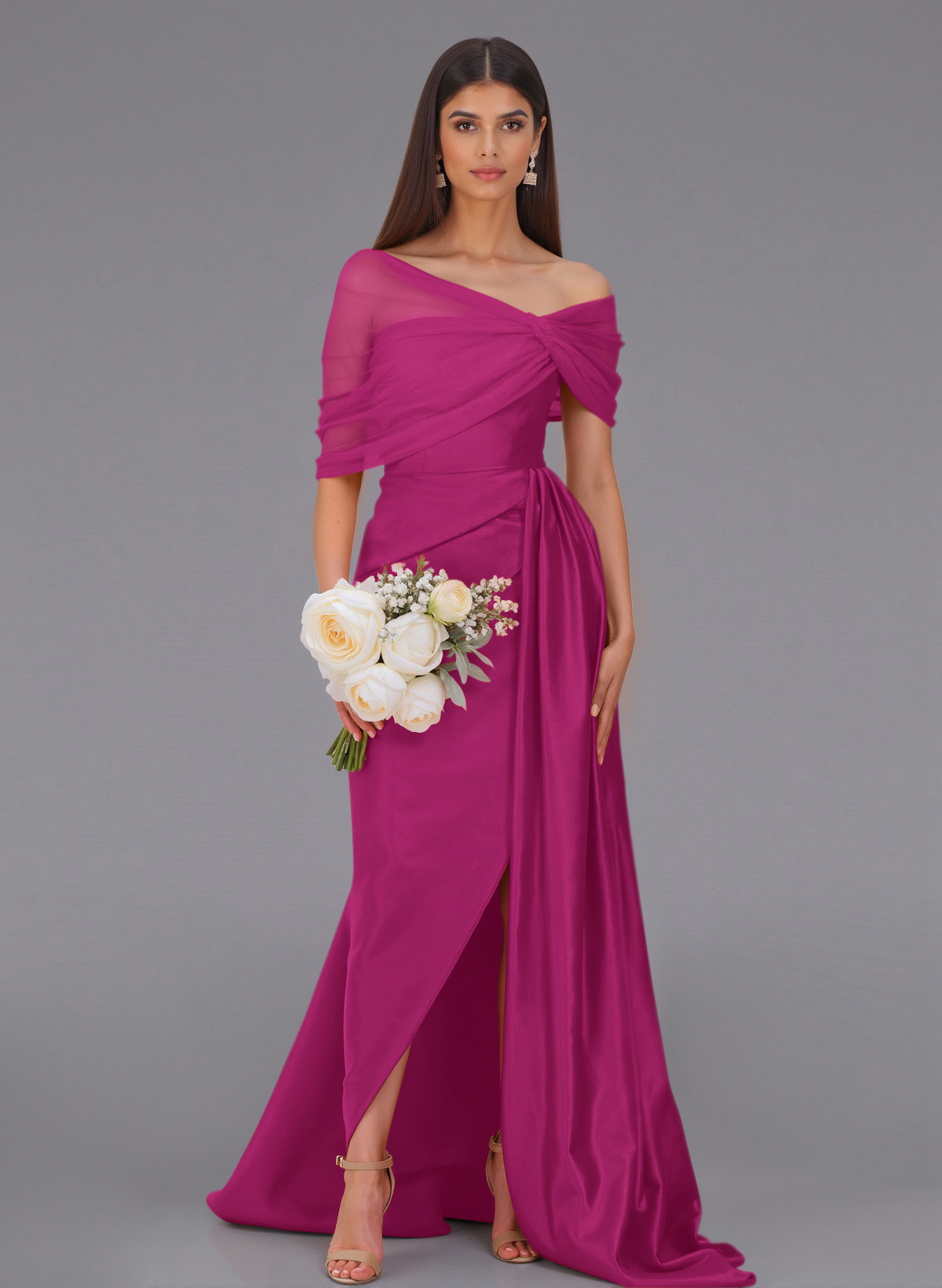 Elegant Tulle Asymmetrical Neckline Satin Bridesmaid Dresses With Split Front/Sweeping Side Drape, product image 65