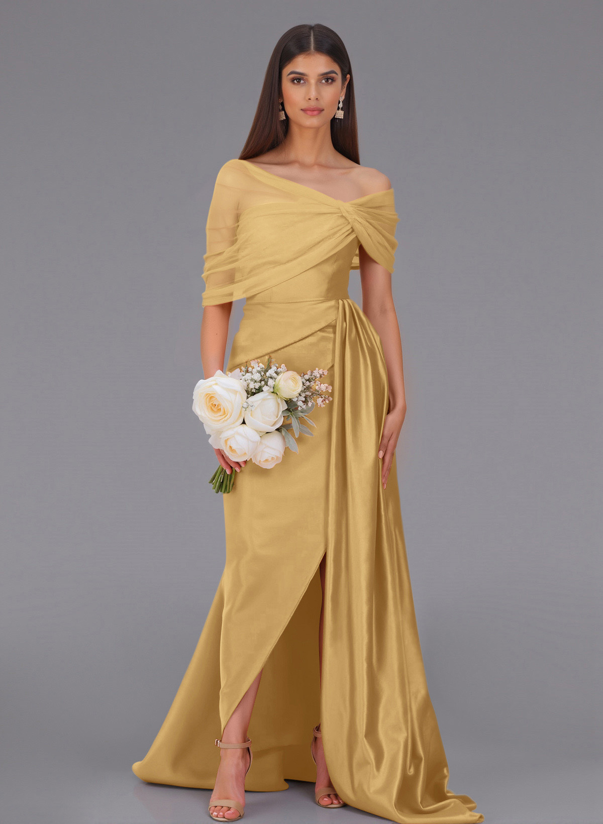 Elegant Tulle Asymmetrical Neckline Satin Bridesmaid Dresses With Split Front/Sweeping Side Drape, product image 39