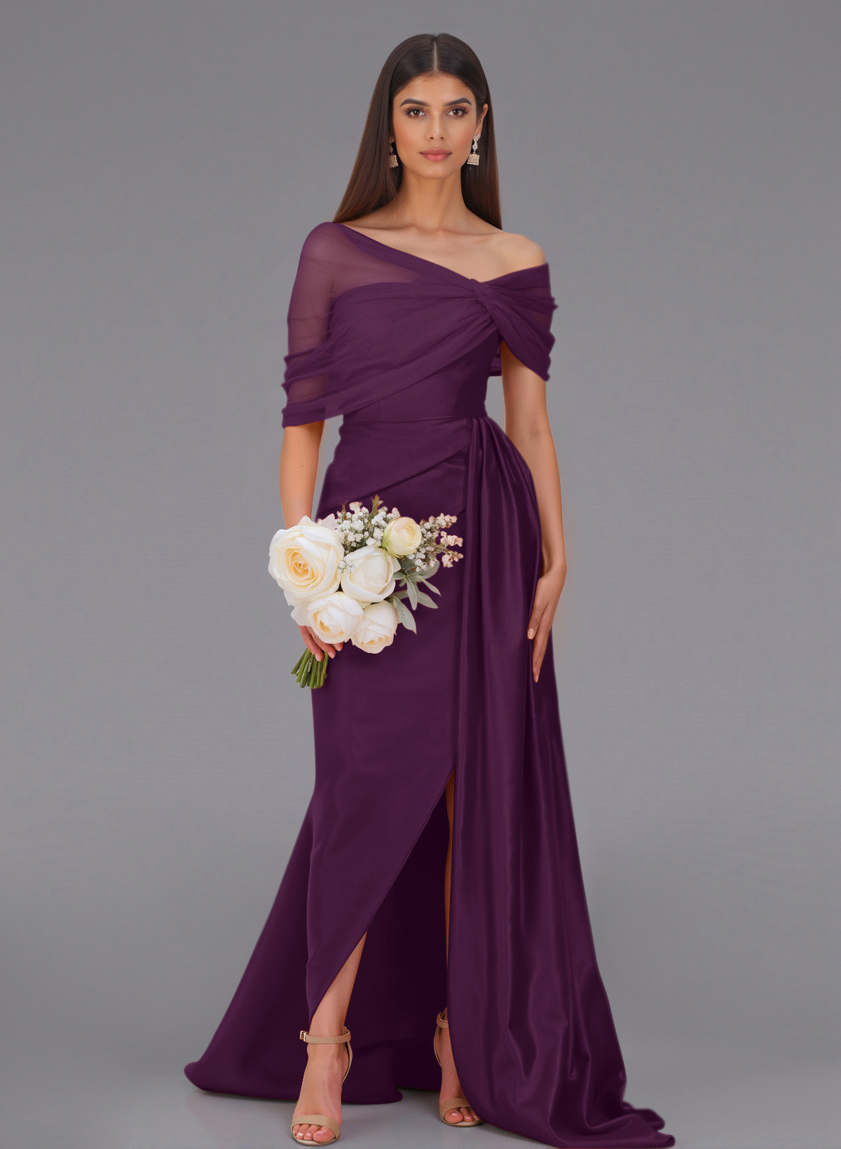 Elegant Tulle Asymmetrical Neckline Satin Bridesmaid Dresses With Split Front/Sweeping Side Drape, product image 69