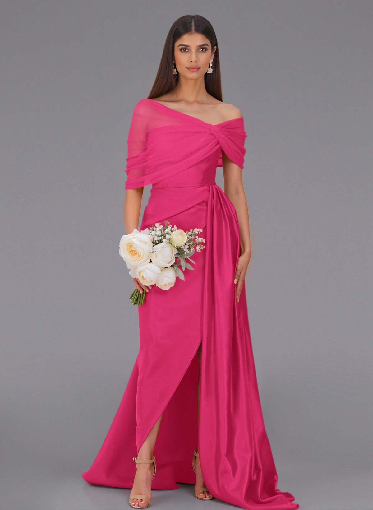 Elegant Tulle Asymmetrical Neckline Satin Bridesmaid Dresses With Split Front/Sweeping Side Drape, product image 21