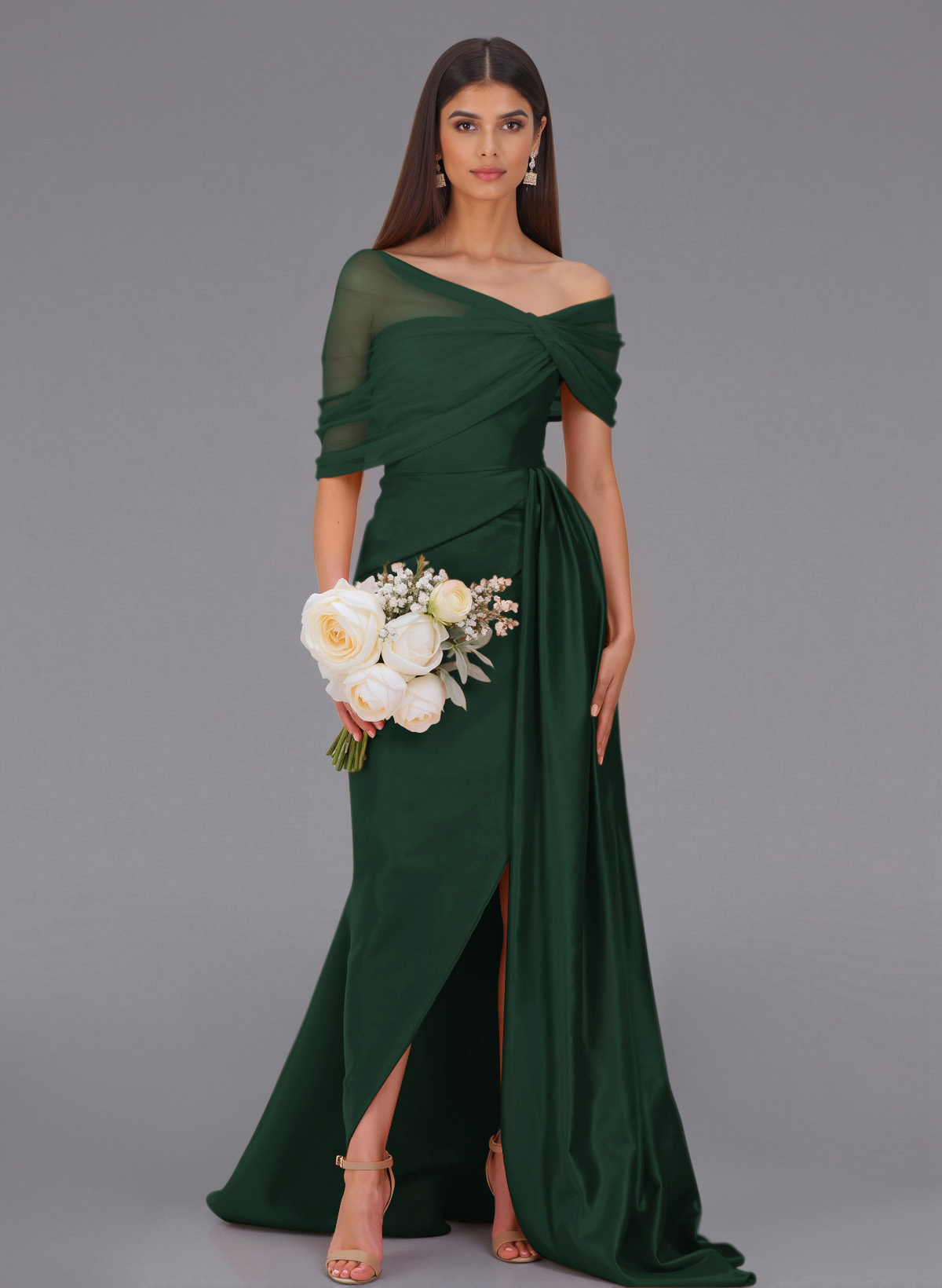 Elegant Tulle Asymmetrical Neckline Satin Bridesmaid Dresses With Split Front/Sweeping Side Drape, product image 59