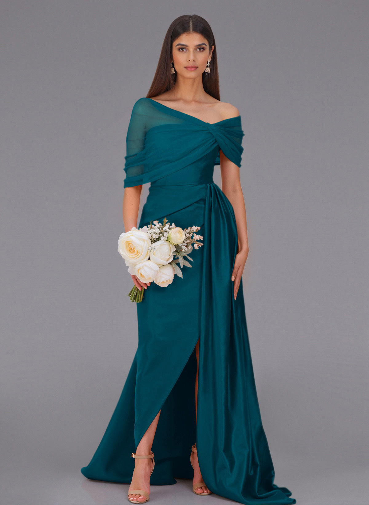Elegant Tulle Asymmetrical Neckline Satin Bridesmaid Dresses With Split Front/Sweeping Side Drape, product image 125