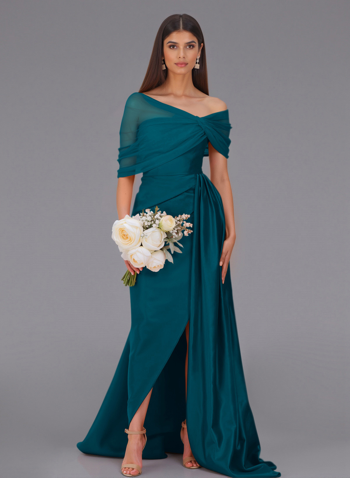 Elegant Tulle Asymmetrical Neckline Satin Bridesmaid Dresses With Split Front/Sweeping Side Drape, product image 125