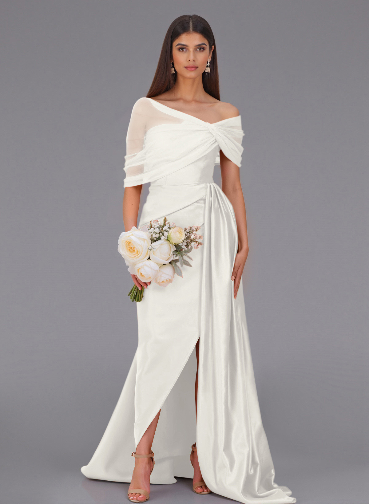 Elegant Tulle Asymmetrical Neckline Satin Bridesmaid Dresses With Split Front/Sweeping Side Drape, product image 31