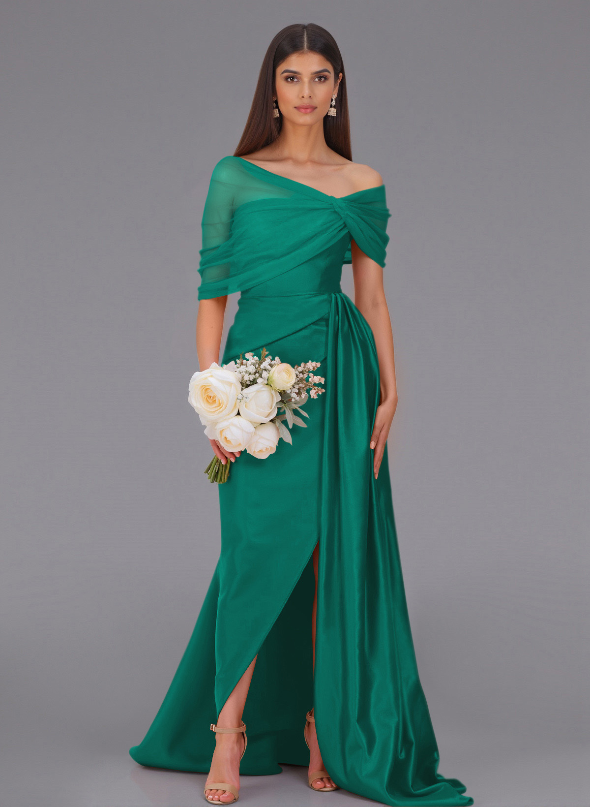 Elegant Tulle Asymmetrical Neckline Satin Bridesmaid Dresses With Split Front/Sweeping Side Drape, product image 55