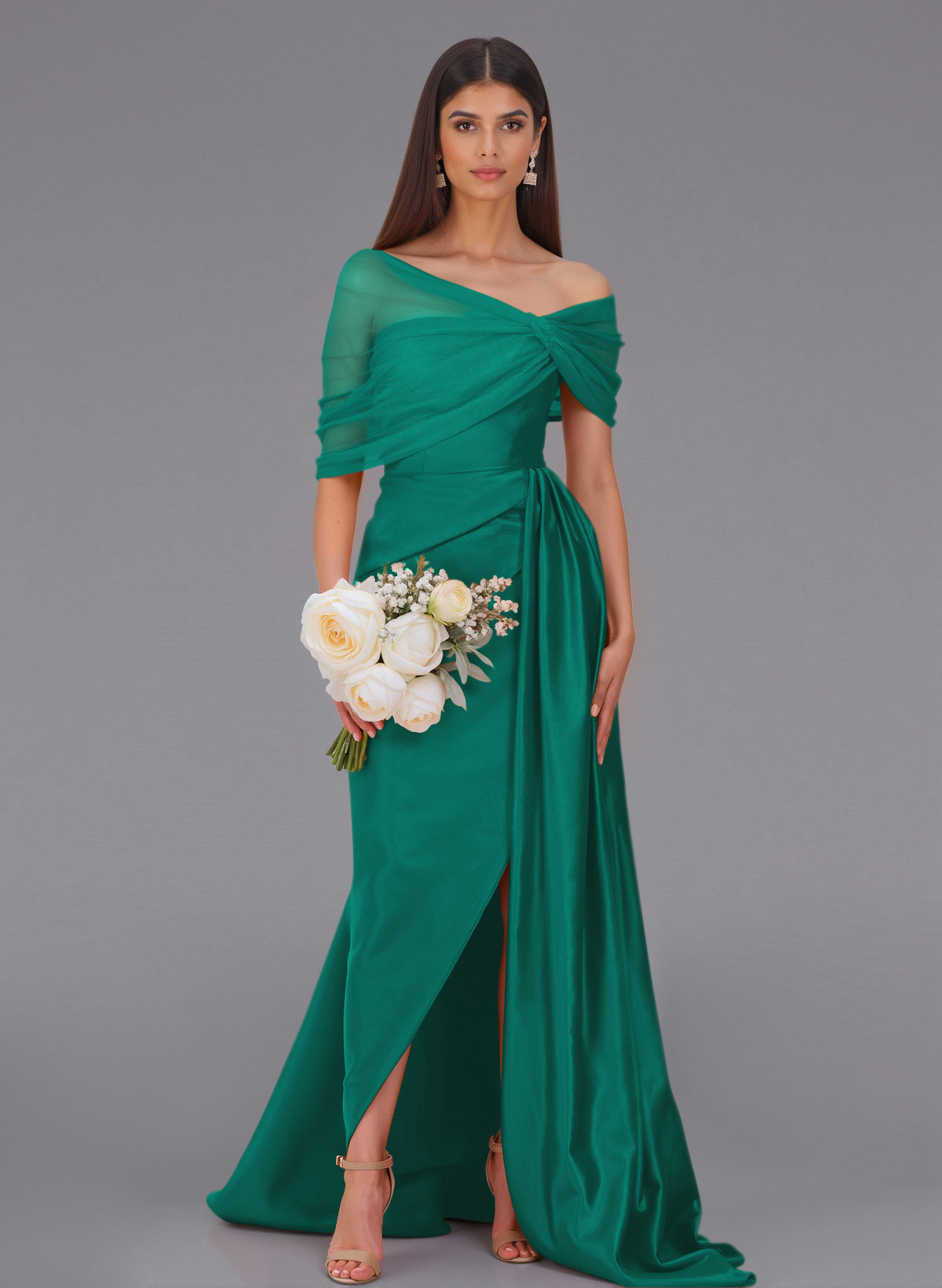Elegant Tulle Asymmetrical Neckline Satin Bridesmaid Dresses With Split Front/Sweeping Side Drape, product image 55