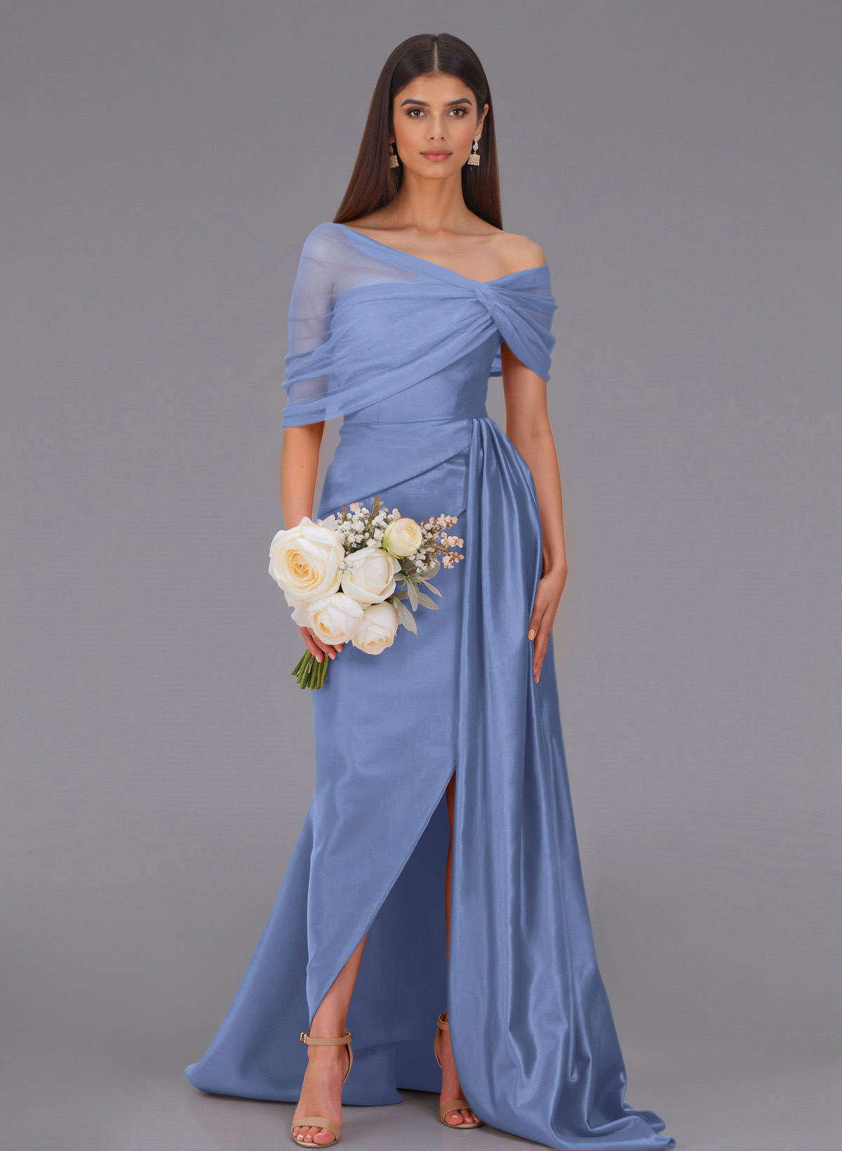 Elegant Tulle Asymmetrical Neckline Satin Bridesmaid Dresses With Split Front/Sweeping Side Drape, product image 117