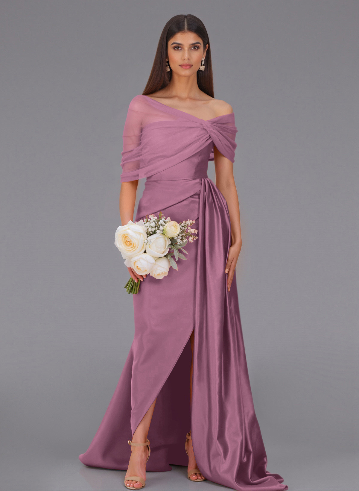 Elegant Tulle Asymmetrical Neckline Satin Bridesmaid Dresses With Split Front/Sweeping Side Drape, product image 77