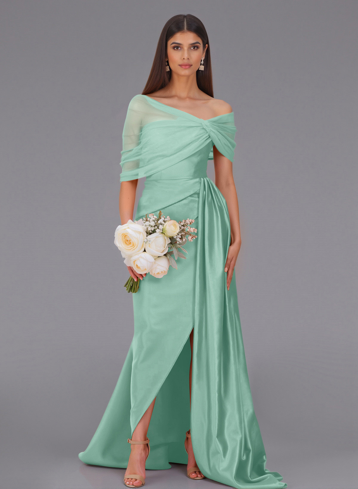 Elegant Tulle Asymmetrical Neckline Satin Bridesmaid Dresses With Split Front/Sweeping Side Drape, product image 49