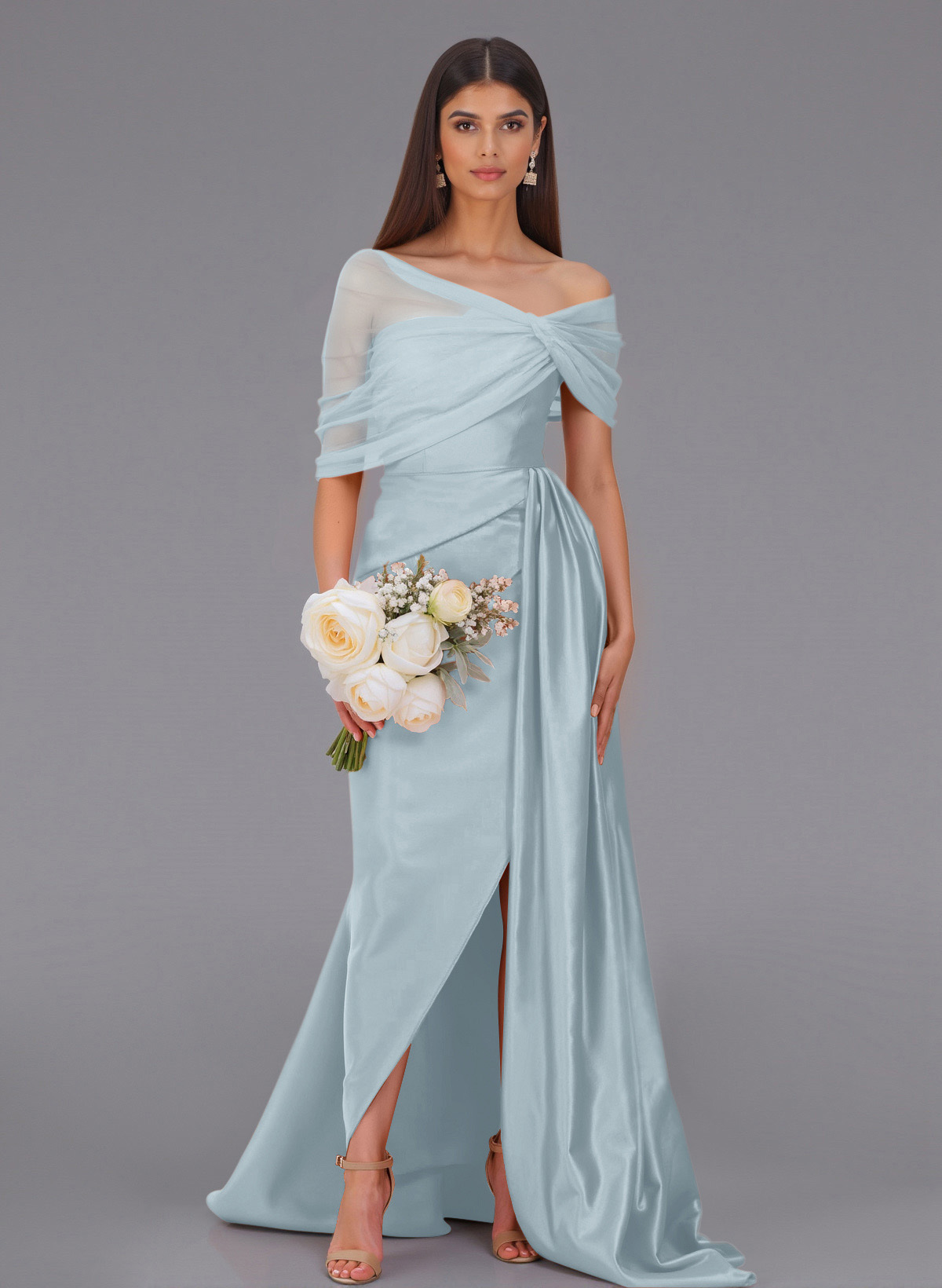 Elegant Tulle Asymmetrical Neckline Satin Bridesmaid Dresses With Split Front/Sweeping Side Drape, product image 113
