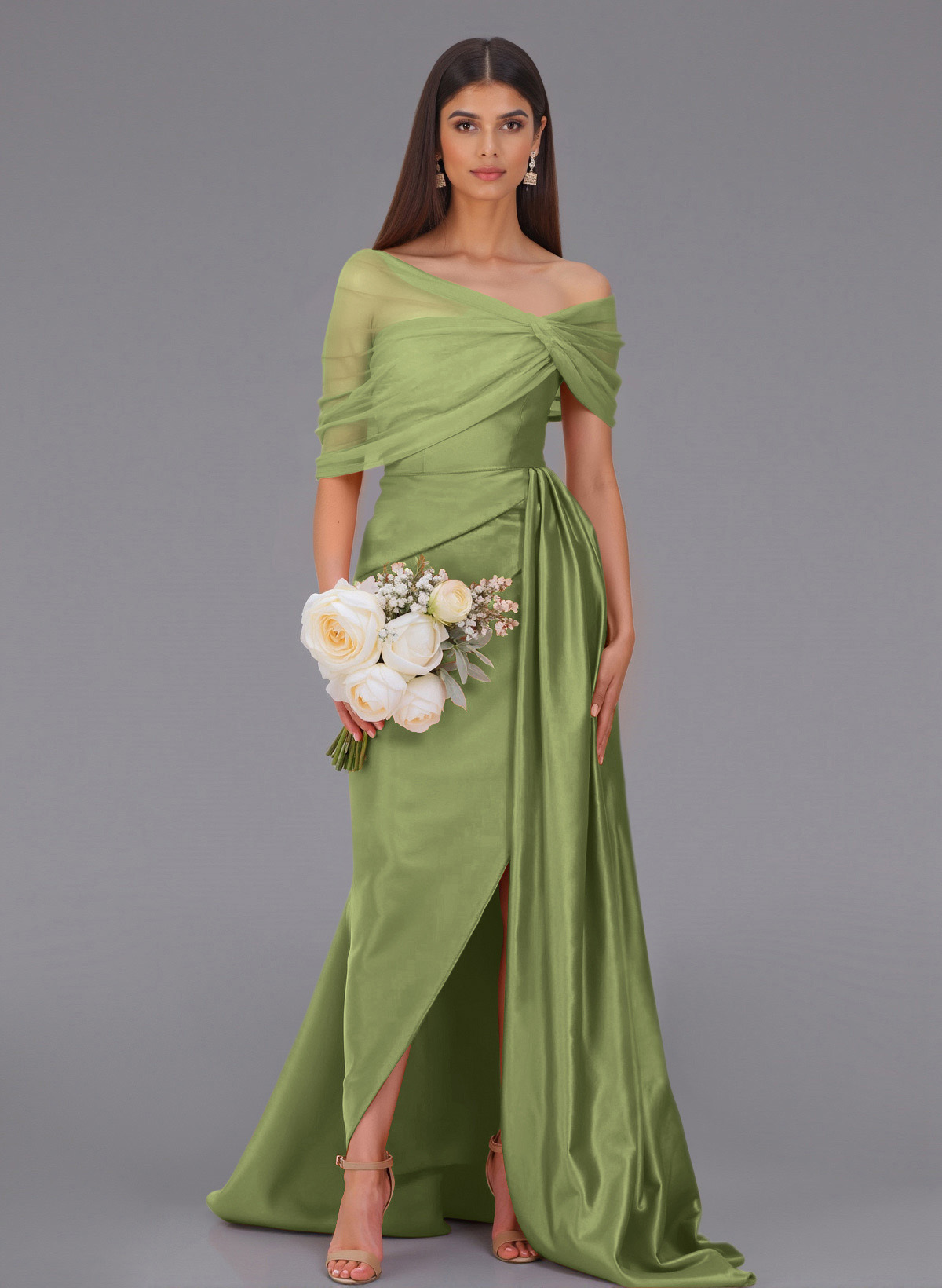 Elegant Tulle Asymmetrical Neckline Satin Bridesmaid Dresses With Split Front/Sweeping Side Drape, product image 7