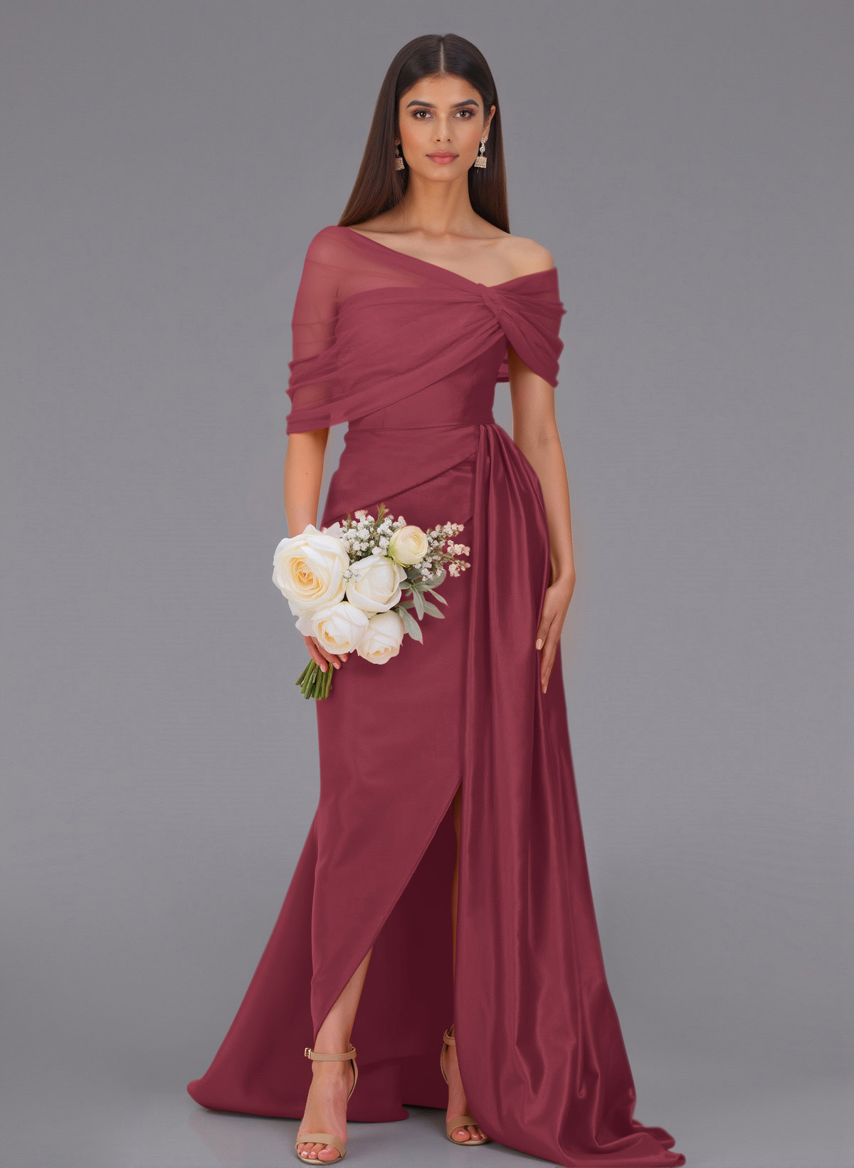 Elegant Tulle Asymmetrical Neckline Satin Bridesmaid Dresses With Split Front/Sweeping Side Drape, product image 105