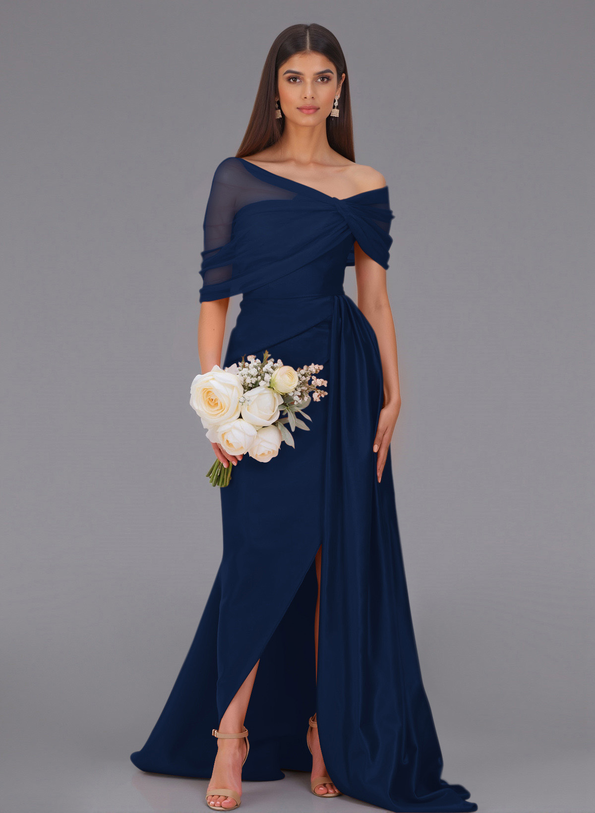 Elegant Tulle Asymmetrical Neckline Satin Bridesmaid Dresses With Split Front/Sweeping Side Drape, product image 133
