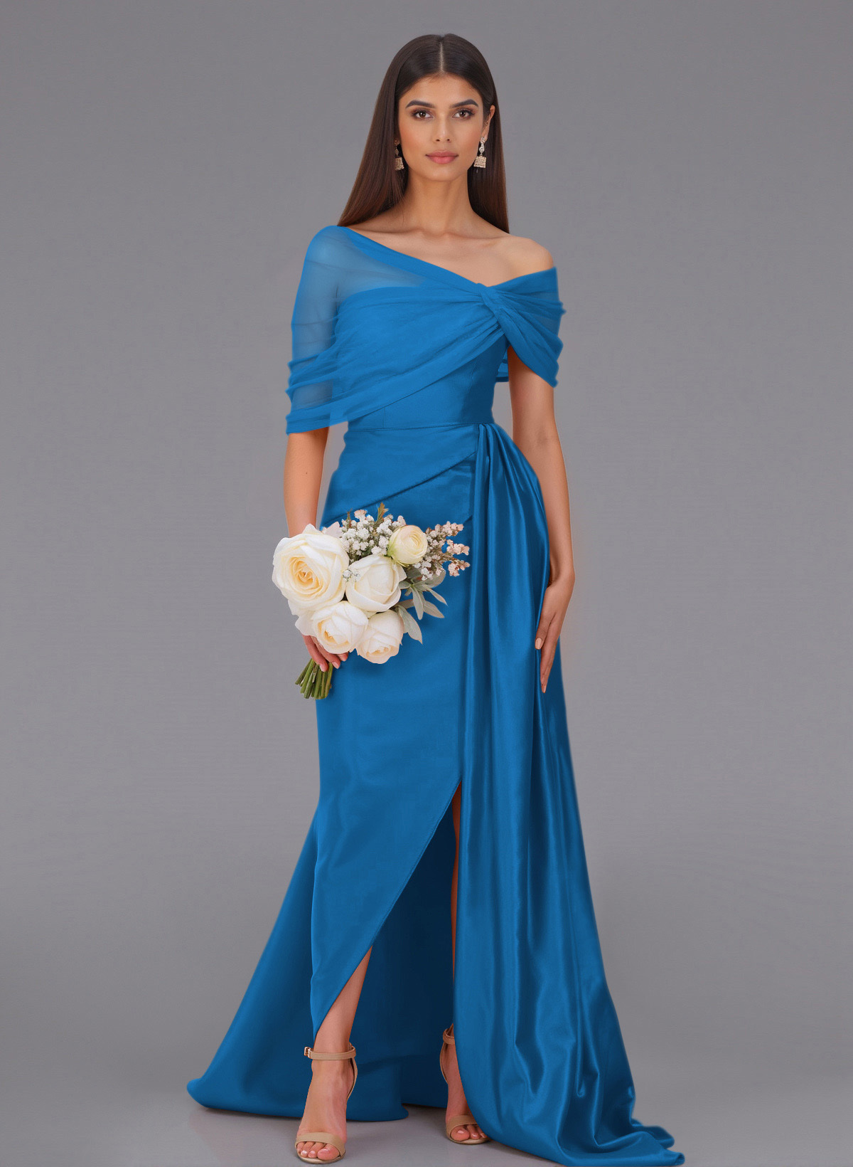 Elegant Tulle Asymmetrical Neckline Satin Bridesmaid Dresses With Split Front/Sweeping Side Drape, product image 121
