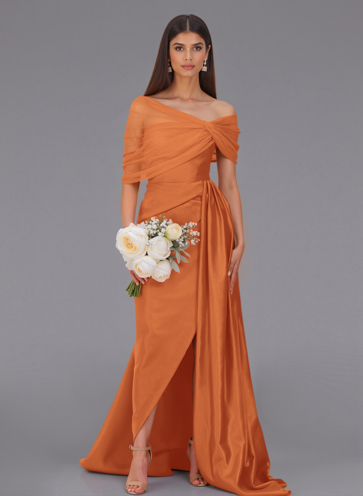 Elegant Tulle Asymmetrical Neckline Satin Bridesmaid Dresses With Split Front/Sweeping Side Drape, product image 37