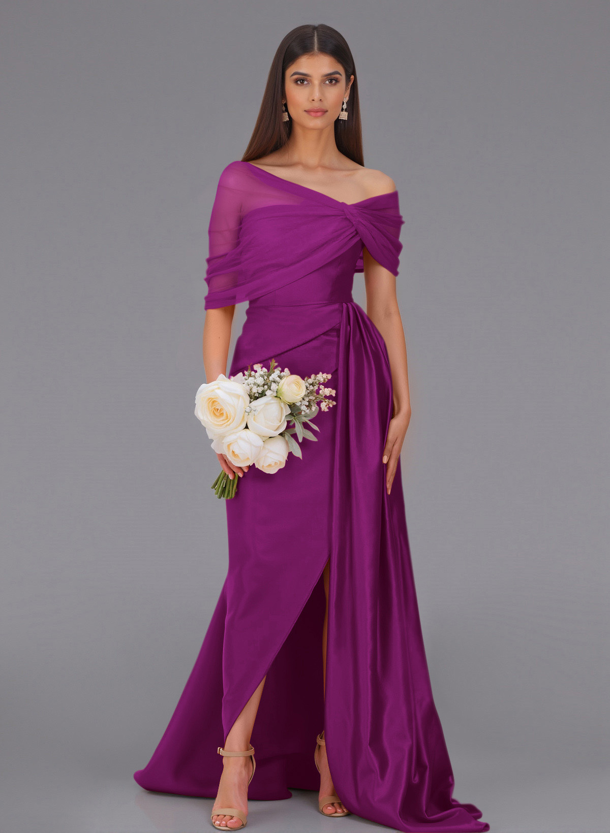 Elegant Tulle Asymmetrical Neckline Satin Bridesmaid Dresses With Split Front/Sweeping Side Drape, product image 67