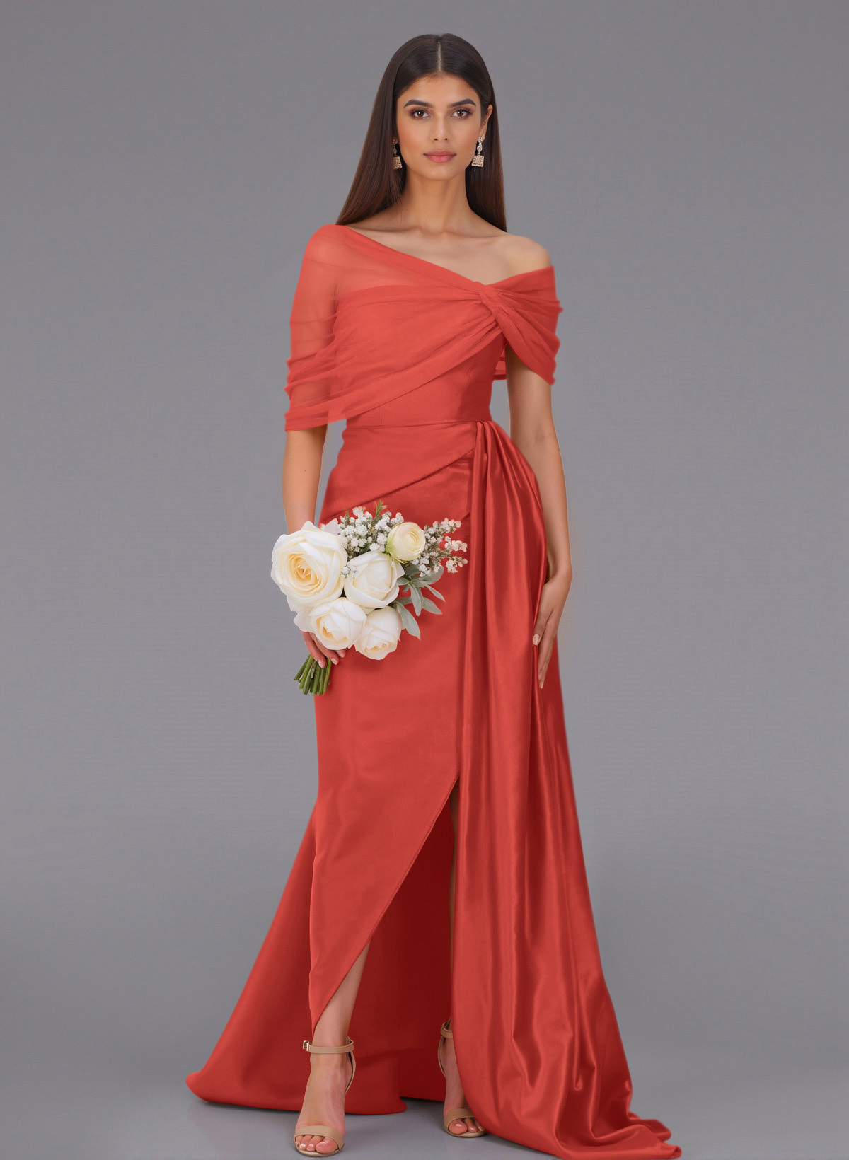 Elegant Tulle Asymmetrical Neckline Satin Bridesmaid Dresses With Split Front/Sweeping Side Drape, product image 35