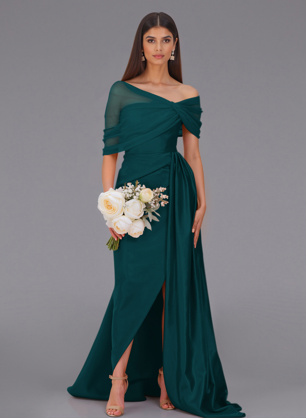 Elegant Tulle Asymmetrical Neckline Satin Bridesmaid Dresses With Split Front/Sweeping Side Drape, product image 57