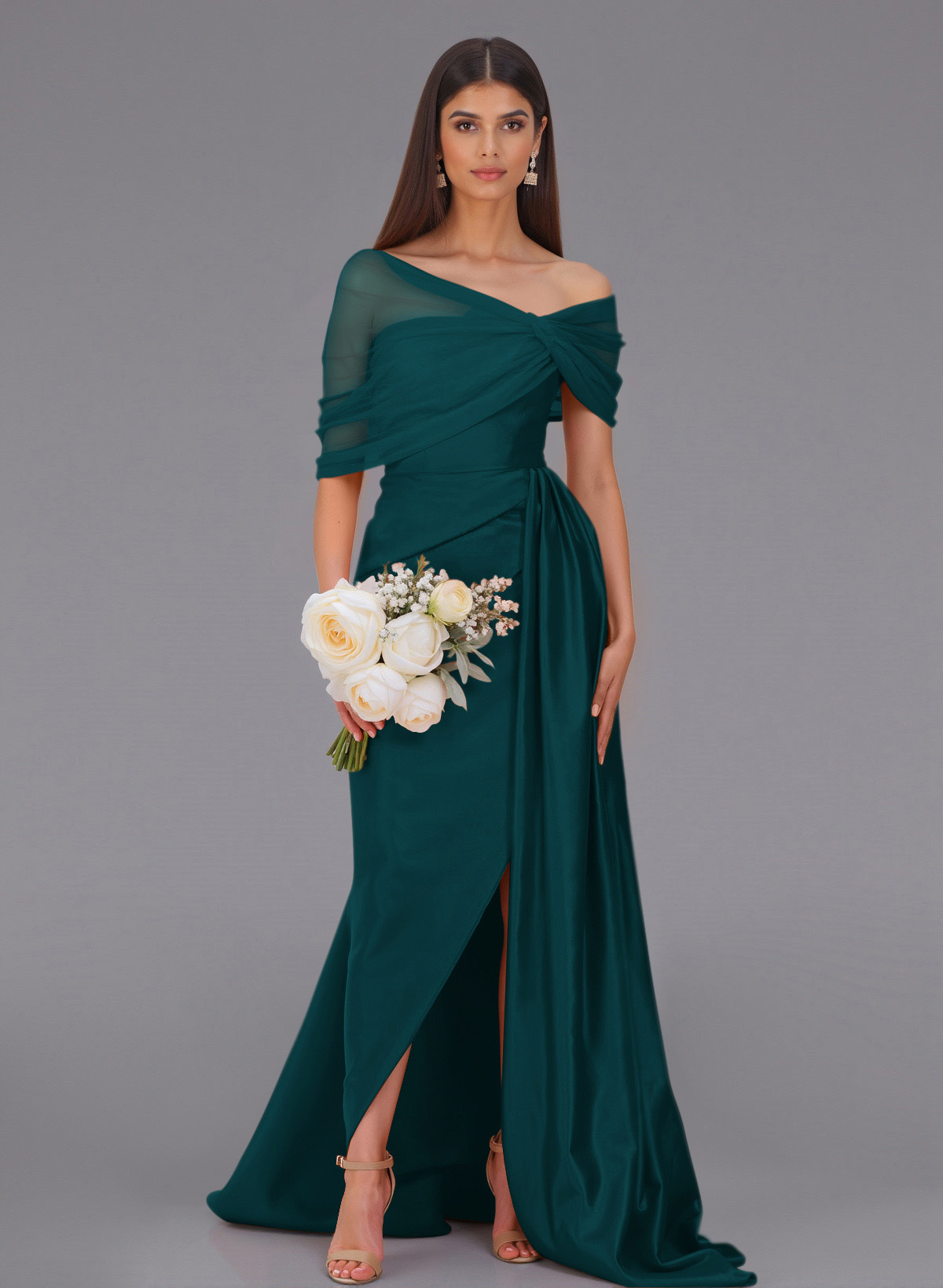 Elegant Tulle Asymmetrical Neckline Satin Bridesmaid Dresses With Split Front/Sweeping Side Drape, product image 57