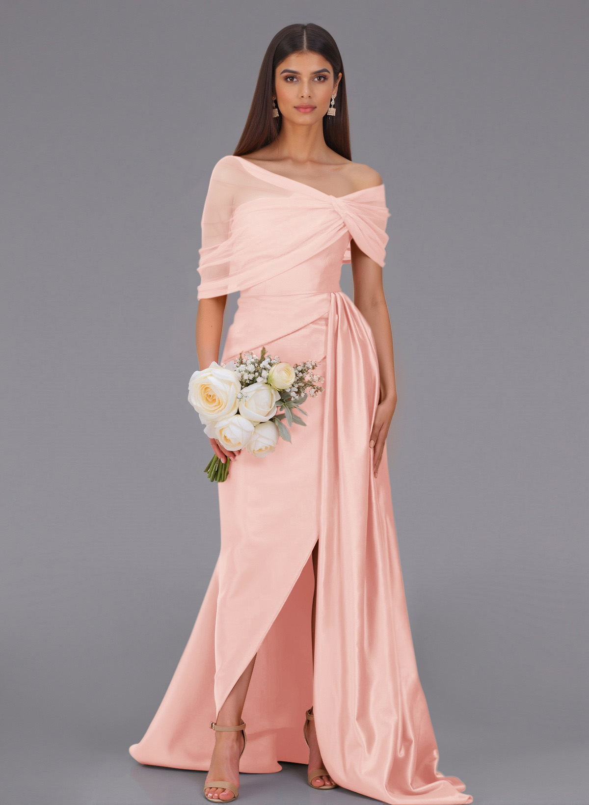 Elegant Tulle Asymmetrical Neckline Satin Bridesmaid Dresses With Split Front/Sweeping Side Drape, product image 95