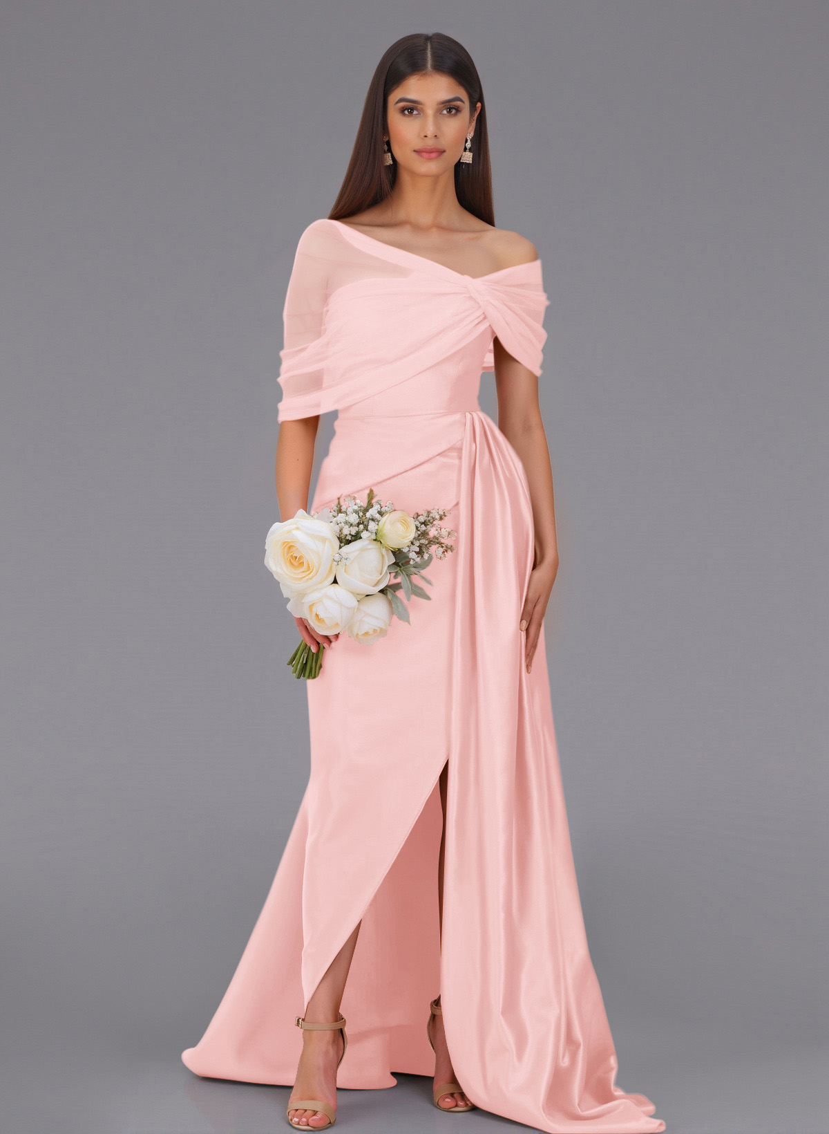 Elegant Tulle Asymmetrical Neckline Satin Bridesmaid Dresses With Split Front/Sweeping Side Drape, product image 91