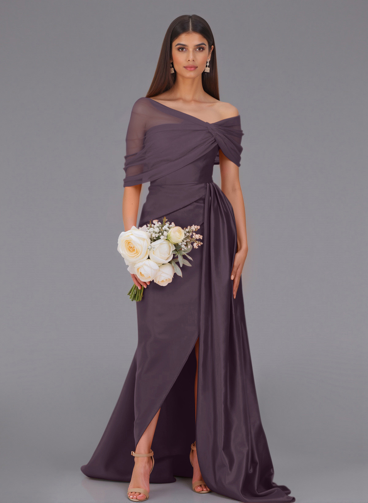 Elegant Tulle Asymmetrical Neckline Satin Bridesmaid Dresses With Split Front/Sweeping Side Drape, product image 19