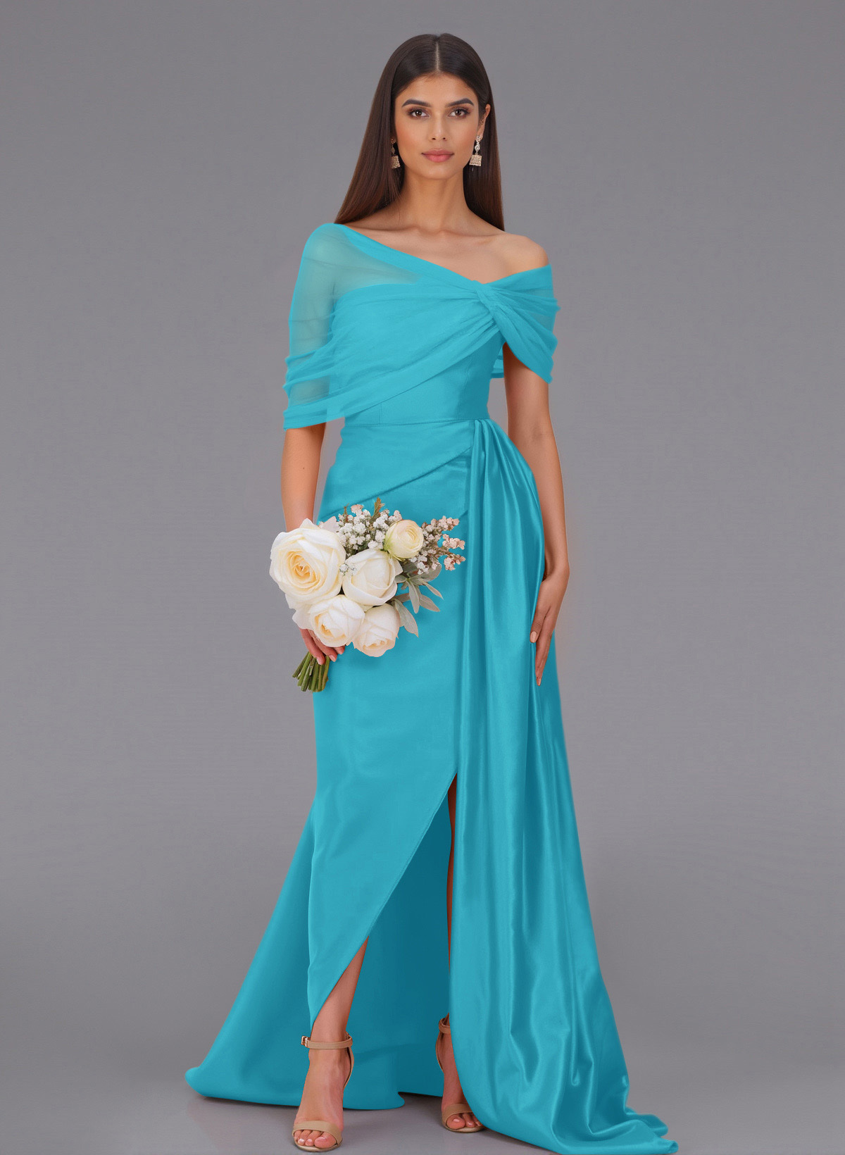 Elegant Tulle Asymmetrical Neckline Satin Bridesmaid Dresses With Split Front/Sweeping Side Drape, product image 119