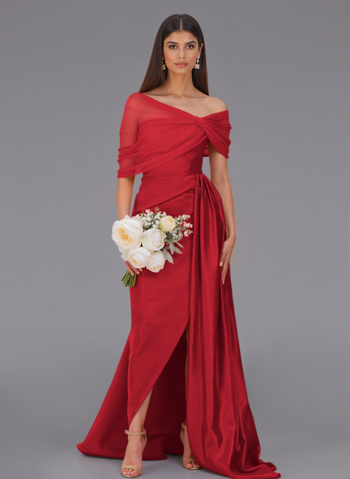 Elegant Tulle Asymmetrical Neckline Satin Bridesmaid Dresses With Split Front/Sweeping Side Drape, product image 103