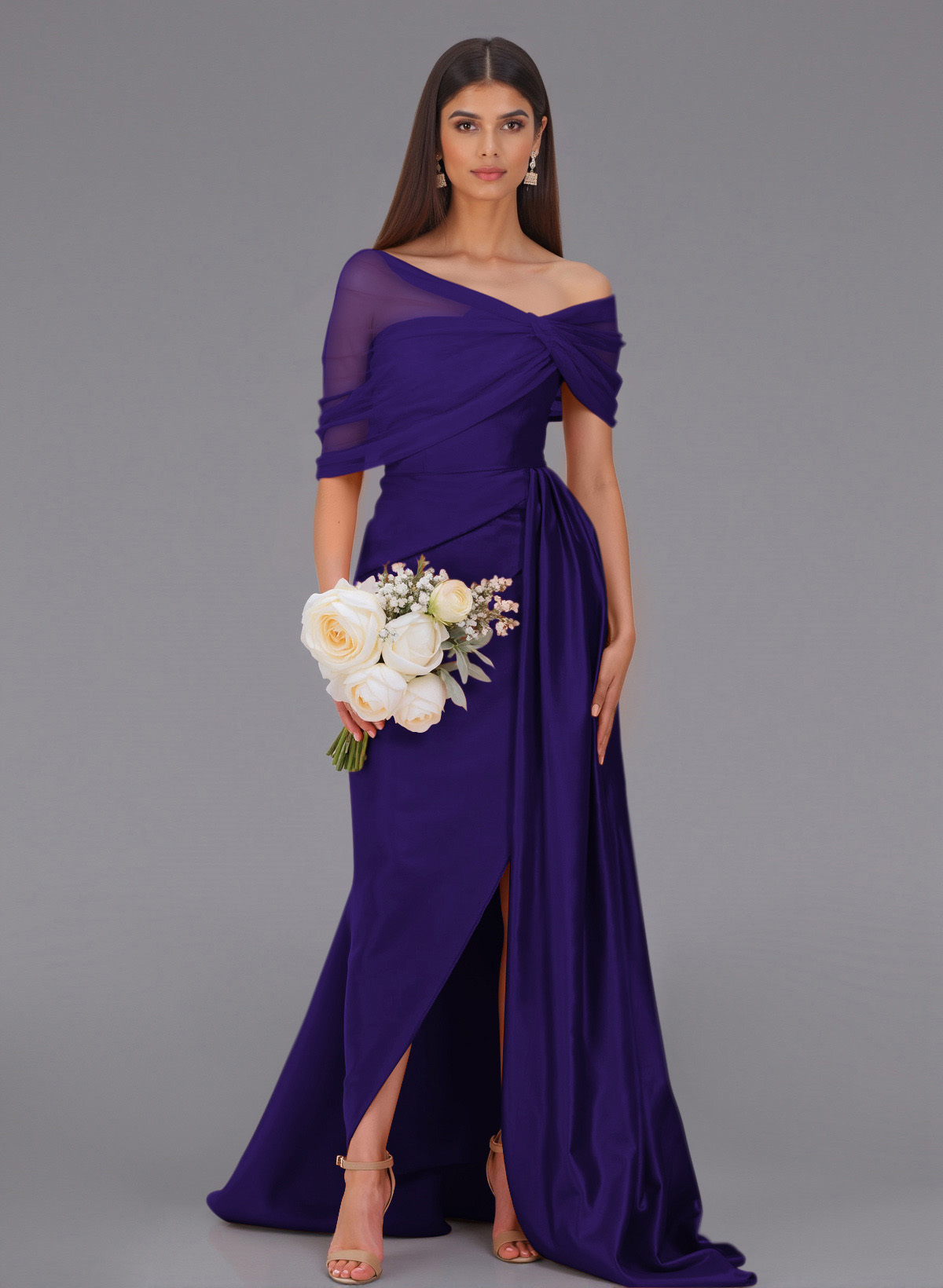 Elegant Tulle Asymmetrical Neckline Satin Bridesmaid Dresses With Split Front/Sweeping Side Drape, product image 63