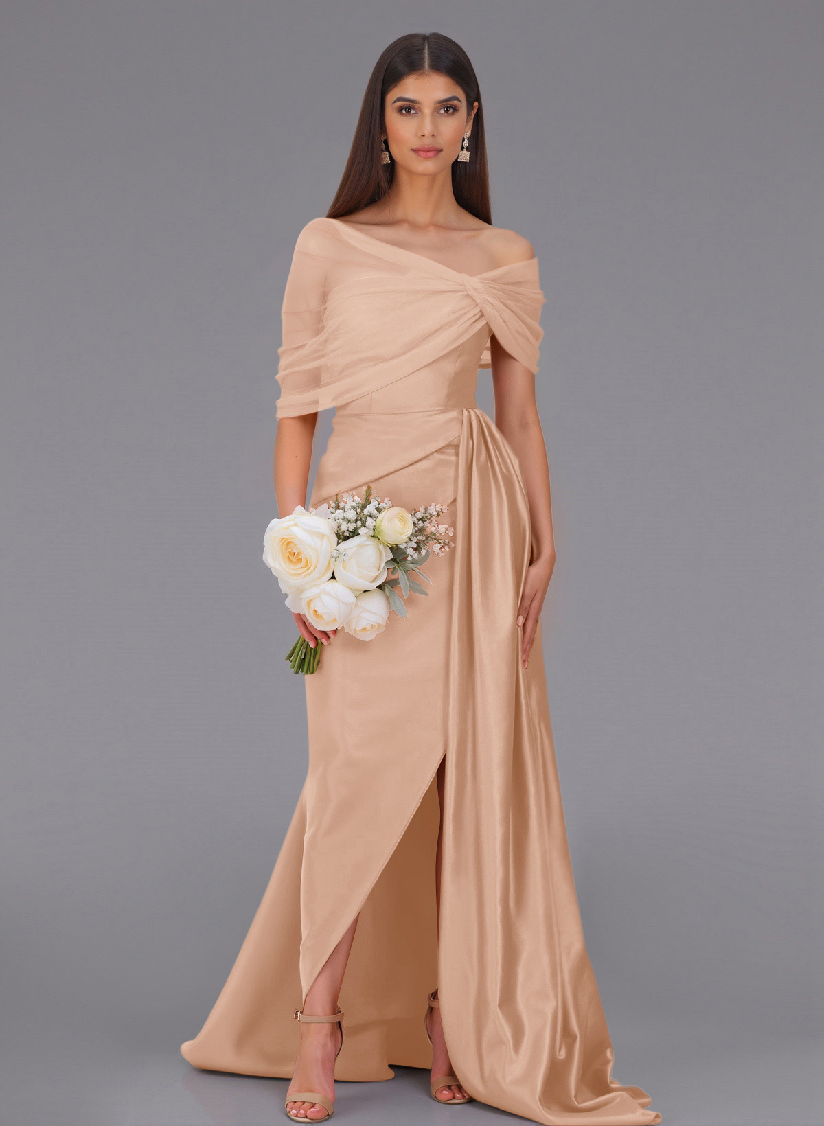 Elegant Tulle Asymmetrical Neckline Satin Bridesmaid Dresses With Split Front/Sweeping Side Drape, product image 11